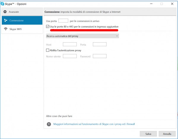 Opzioni avanzate di Skype: uso delle porte 80 e 443