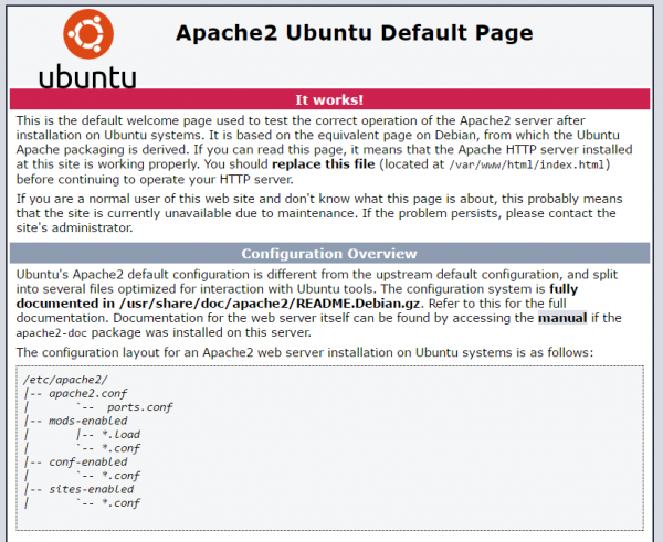 Pagina web di default di Ubuntu server