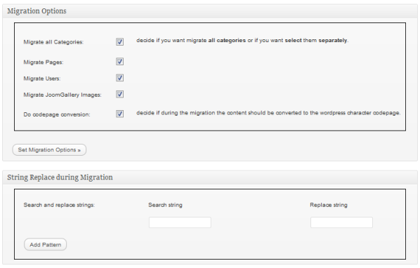 Figura 2. Parametri da impostare per Joomla/Mambo To WordPress Migrator