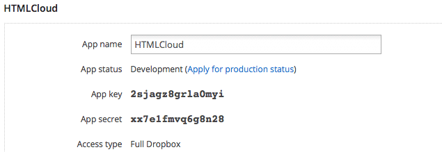 Sezione principale relativa alla pagina di un'applicazione Dropbox
