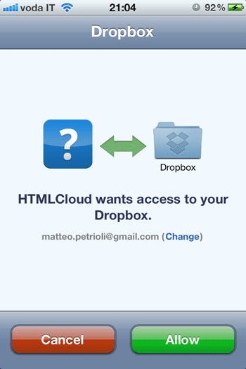 Applicazione Dropbox per la connessione ai servizi