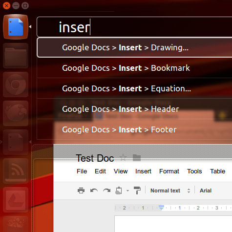 Con HUD è possibile ricercare direttamente tra le funzionalità di Web App come Google Docs (fonte: omgubuntu.co.uk)