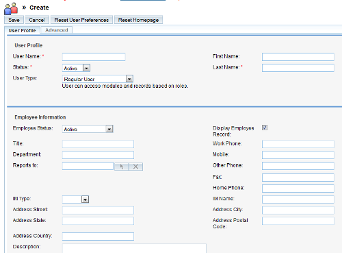 SugarCRM: inserimento dei dati per un nuovo utente