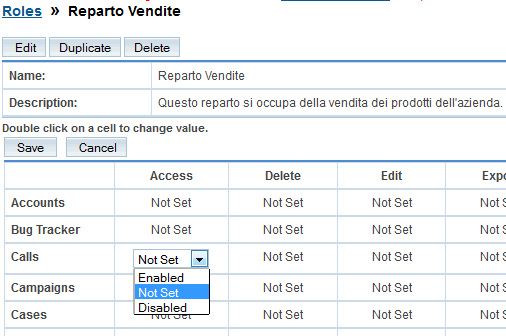 Impostazioni del ruolo per SugarCRM