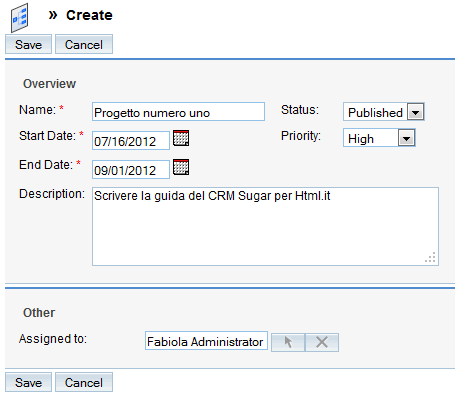 Creare un progetto in SugarCRM