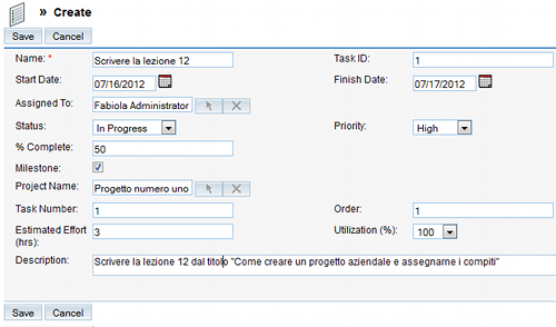 Creazione di un task in SugarCRM