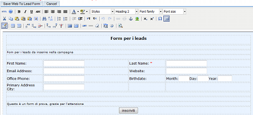 Form per i lead in SugarCRM