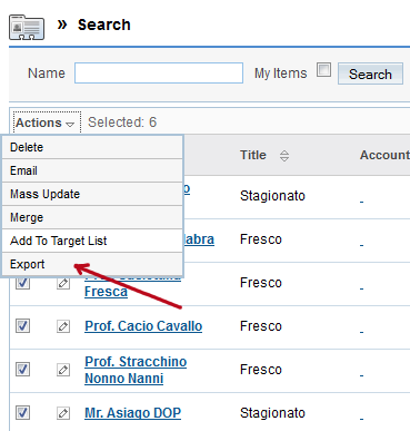 Voce di menu per l'esportazione dei dati