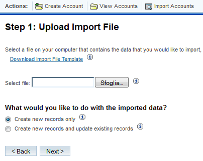 Upload del file di importazione di SugarCRM