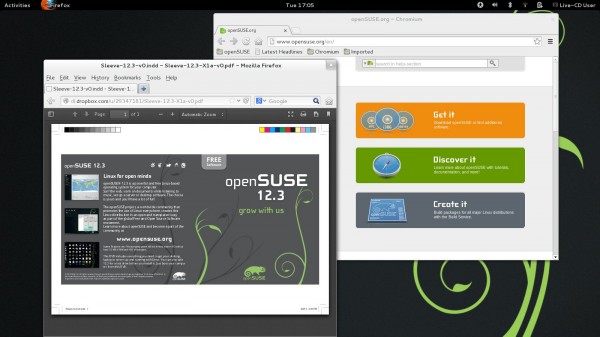 Firefox e Chromium sul desktop GNOME di openSUSE 12.3 (fonte: opensuse.org)