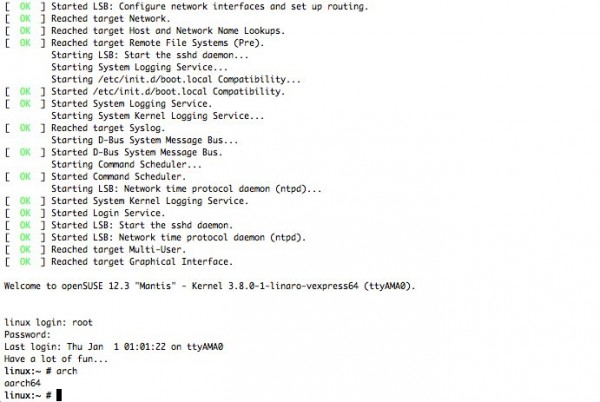 Avvio di openSUSE su ARM 64bit (fonte: opensuse.org)