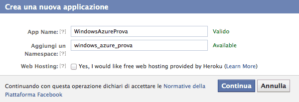 Definire l'applicazione Facebook