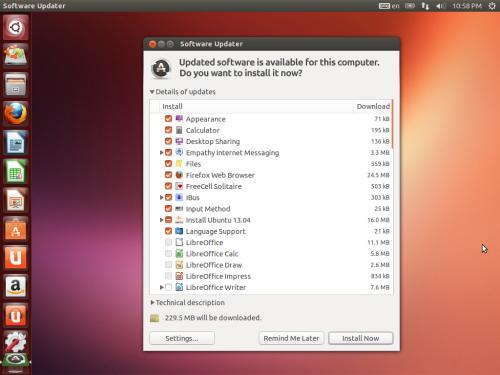 La nuova interfaccia più compatta del Software Updater di Ubuntu 13.04