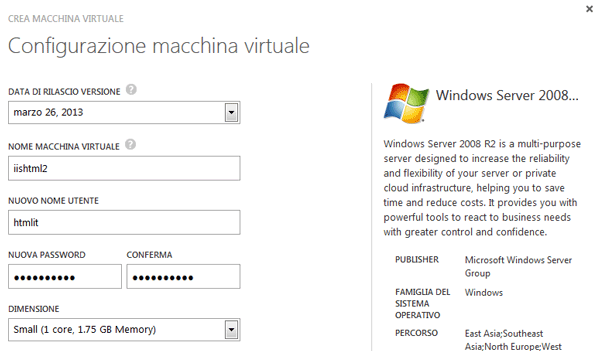 Opzioni per la configurazione della Macchina Virtuale