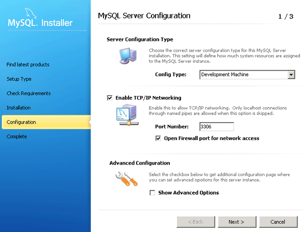 Configurazione dell'engine MySQL