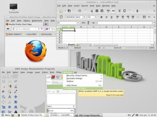 Firefox, LibreOffice Calc e GIMP su Linux Mint 15