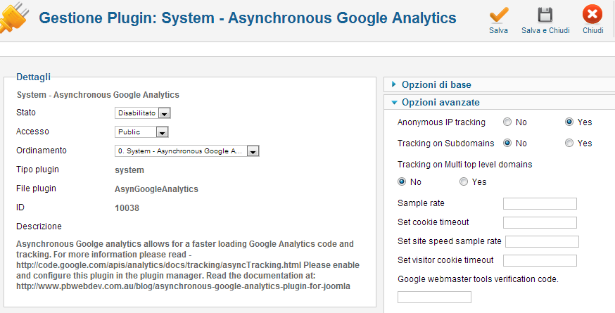 Configurazione di Asynchronous Google Analytics Plugin