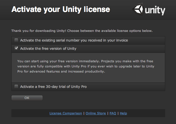 Attivare la lincenza gratuita di Unity