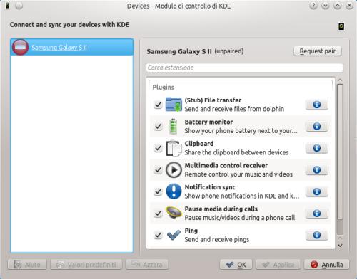 L’interfaccia di KDE Connect su Kubuntu 13.04