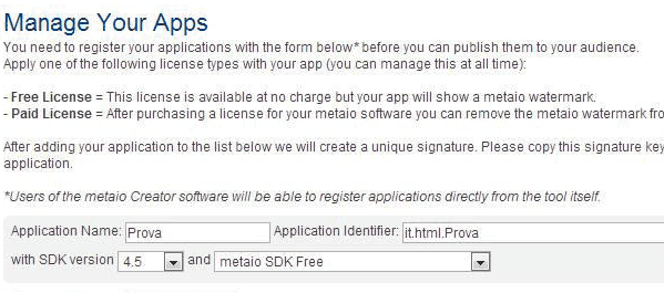 Schermata del form di registrazione dell'applicazione