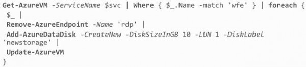 Questo scriptlet consente di rimuovere l'endpoint RDP a tutte le istanze filtrate per pattern sul nome e, contestualmente, di aggiungere ad esse un disco dati da 10GB. 