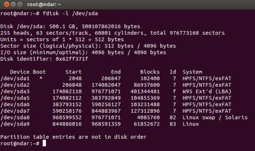 L’output di fdisk sul terminale di Ubuntu