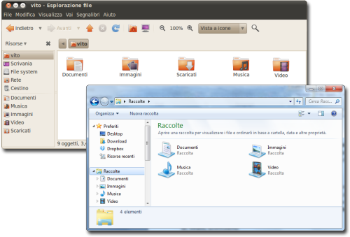 Confronto tra le Raccolte di Windows e le sottordirectory della home su Ubuntu