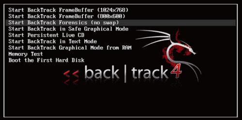 Boot di Backtrack: la versione “Forensics” per l'analisi forense disabilita lo swap (fonte: www.backtrack-linux.org)