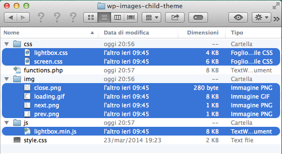 Struttura di un child theme con lightbox