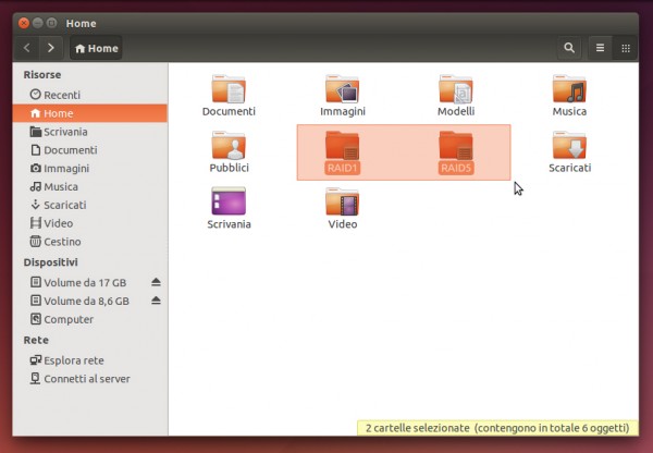 Su Ubuntu, le icone delle directory indicano che si tratta di RAID