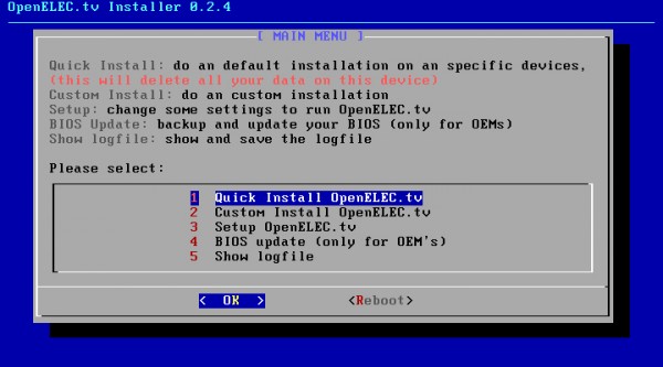 La schermata iniziale dell’installazione di OpenELEC