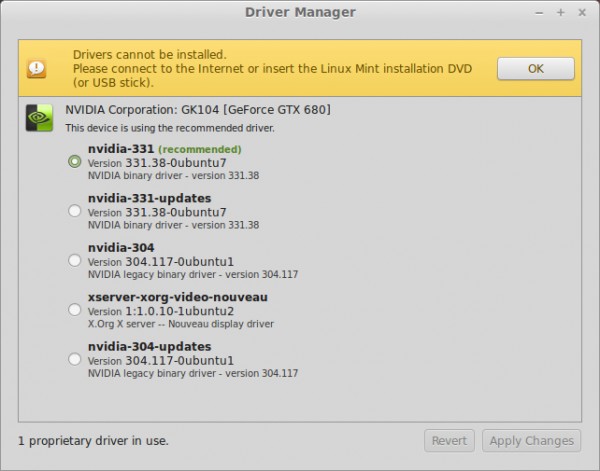 La finestra del Driver Manager di Linux Mint 17