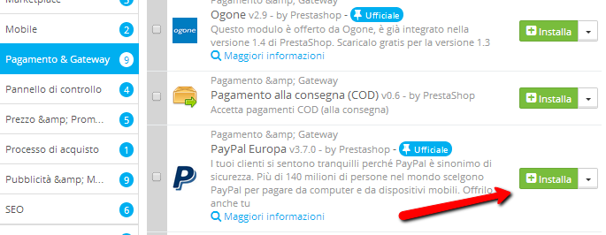 Istallazione del modulo per PayPal