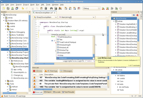 L'interfaccia di MonoDevelop