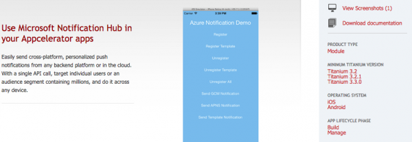 Un esempio: la pagina del modulo Azure sul marketplace di Appcelerator