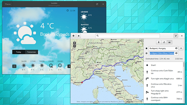 Il desktop di Ubuntu GNOME 15.04, con le app Weather e Maps in evidenza
