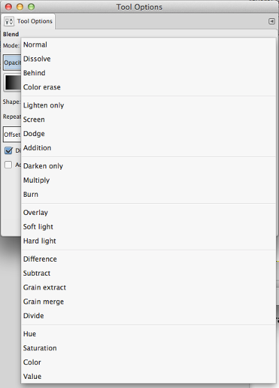 Blend modes disponibili in GIMP