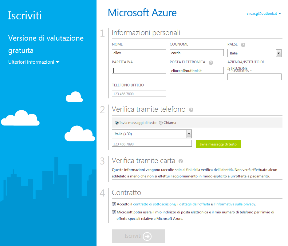 Sottoscrizione dell'abbonamento ad Azure