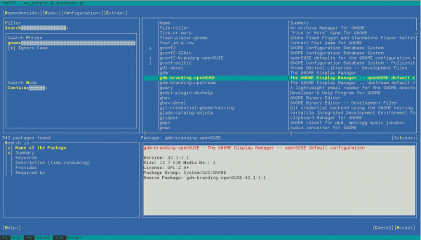 L'interfaccia testuale di YaST su openSUSE 42.1