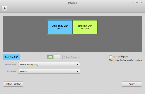 La schermata di gestione dei monitor multipli su Linux Mint 17.3 Cinnamon
