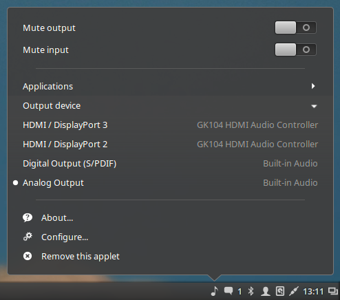 Le opzioni dell'applet audio su Cinnamon 2.8