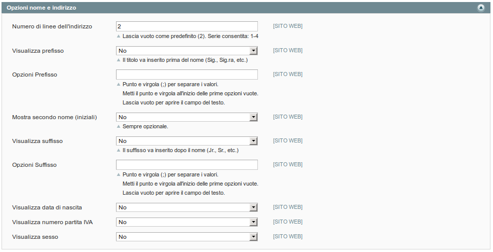 Configurazione opzioni nome e indirizzo