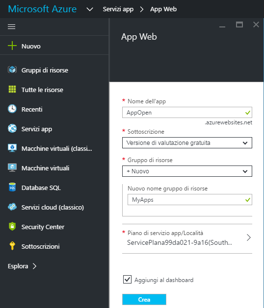 Creazione di una nuova Web App