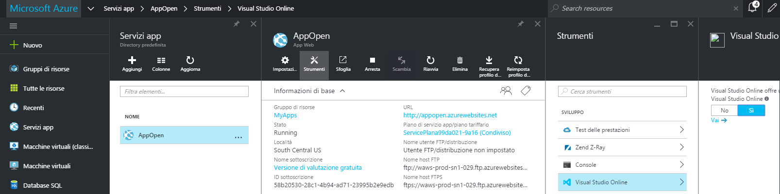 Attivazione di Visual Studio Online su Azure