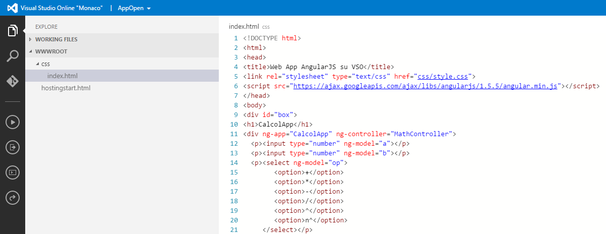 Digitazione del codice sull'editor di Visual Studio Online
