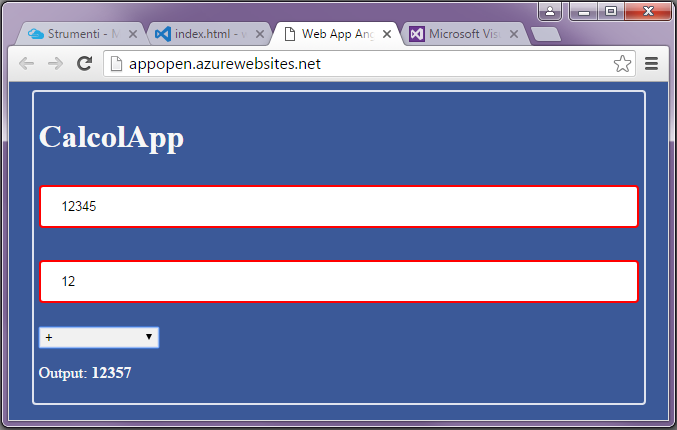 Web App in esecuzione sul Web service di Visual Studio Online