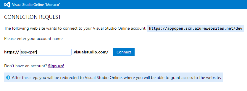 Creazione di un URL per la Web App su Visual Studio Online
