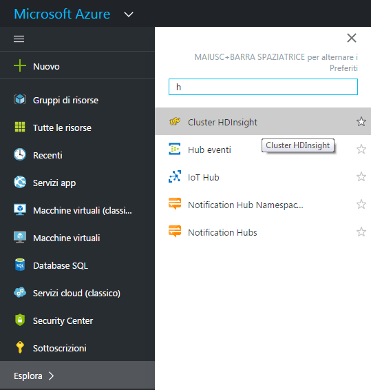 Sezione Cluster HDInsight del portale di Microsoft Azure