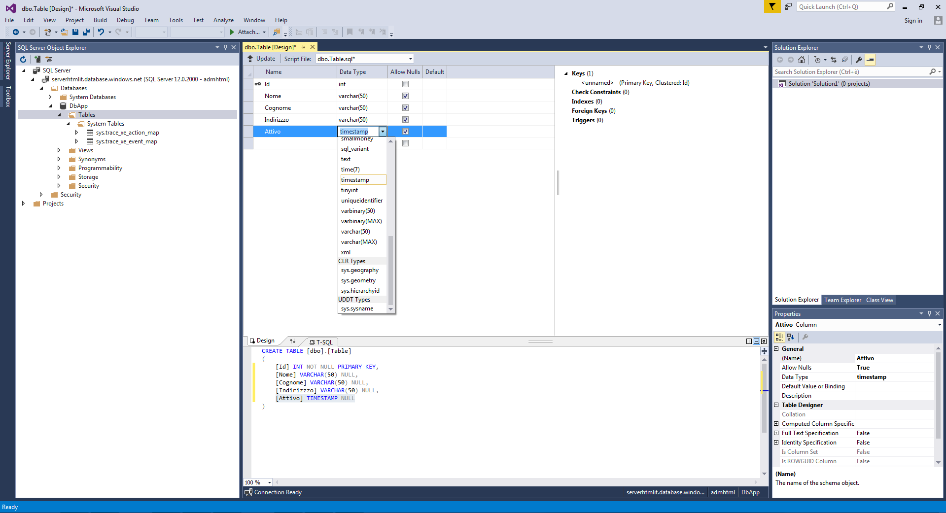 Manipolare un database su Azure con Visual Sudio