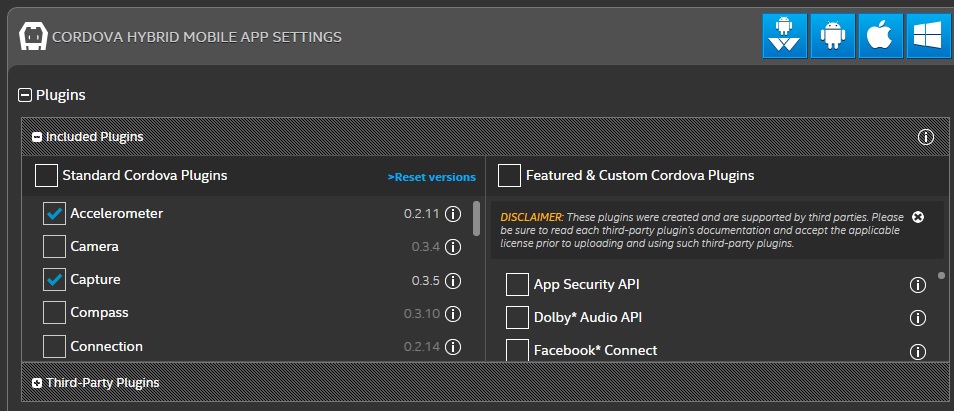 Importare plugin standard con Intel XDK